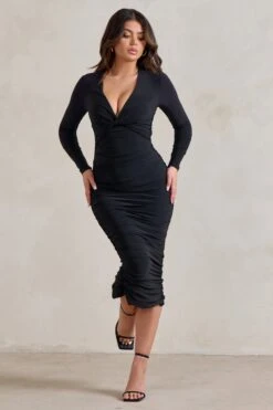 Renee | Black Plunge Twist Neckline Long Sleeve Ruched Midi Dress -ENY Clothing Shop WB HR CL129299 ReneeBlackPlungeTwistNecklineLongSleeveRuchedMidiDress0