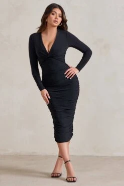 Renee | Black Plunge Twist Neckline Long Sleeve Ruched Midi Dress -ENY Clothing Shop WB HR CL129299 ReneeBlackPlungeTwistNecklineLongSleeveRuchedMidiDress2