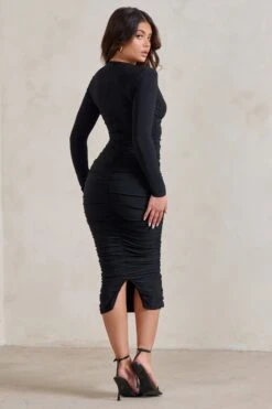 Renee | Black Plunge Twist Neckline Long Sleeve Ruched Midi Dress -ENY Clothing Shop WB HR CL129299 ReneeBlackPlungeTwistNecklineLongSleeveRuchedMidiDress5