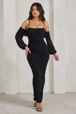 Announcement | Black Bardot Mesh Ruched Maxi Dress 10 Announcement | Black Bardot Mesh Ruched Maxi Dress -ENY Clothing Shop WB HR CL129305 AnnouncementBlackBardotMeshRuchedMidaxiDress0