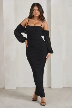 Announcement | Black Bardot Mesh Ruched Maxi Dress