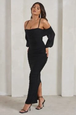 Announcement | Black Bardot Mesh Ruched Maxi Dress 11 Announcement | Black Bardot Mesh Ruched Maxi Dress -ENY Clothing Shop WB HR CL129305 AnnouncementBlackBardotMeshRuchedMidaxiDress3
