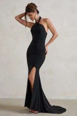 Jodie | Black Halterneck Fishtail Maxi Dress With Split -ENY Clothing Shop WB HR CL129308 JodieBlackHalterneckFishtailMaxiDressWithSplit2