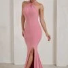 Jodie | Powder Pink Halterneck Fishtail Maxi Dress With Split -ENY Clothing Shop WB HR CL129308 JodiePowderPinkHalterneckFishtailMaxiDressWithSplit3