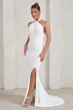Jodie | White Halterneck Fishtail Maxi Dress With Split -ENY Clothing Shop WB HR CL129308 JodieWhiteHalterneckFishtailMaxiDressWithSplit2