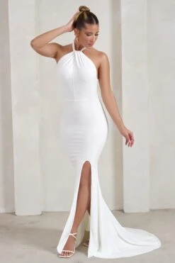 Jodie | White Halterneck Fishtail Maxi Dress With Split -ENY Clothing Shop WB HR CL129308 JodieWhiteHalterneckFishtailMaxiDressWithSplit3