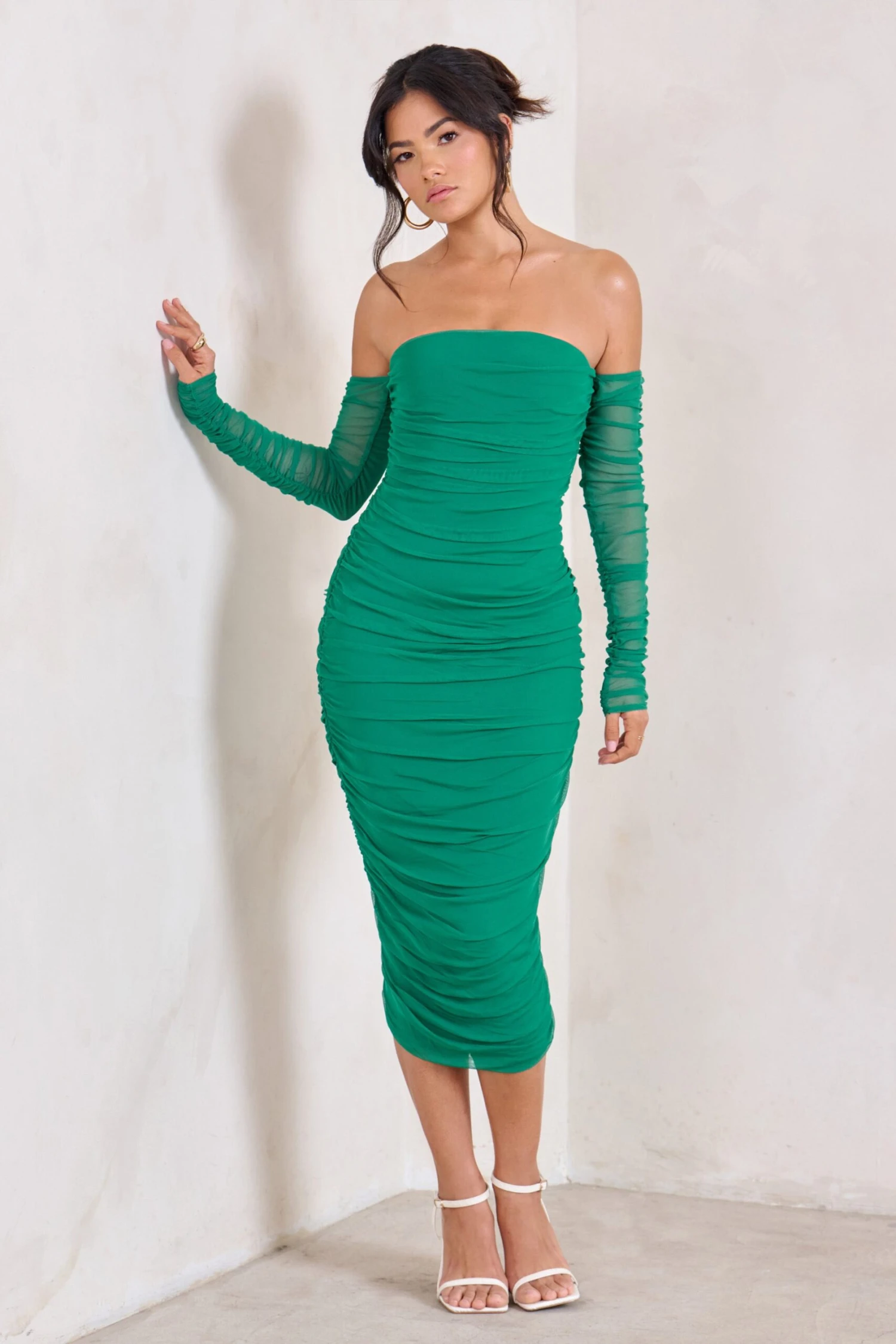 Sorella | Green Ruched Mesh Bardot Midi Dress 6 Sorella | Green Ruched Mesh Bardot Midi Dress - Image 4