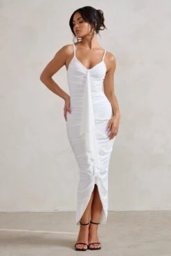 Dorothy | White Plunge V Neckline Ruffle Midi Dress -ENY Clothing Shop WB HR CL129312 DorothyWhitePlungeVNecklineRuffleMidiDress0