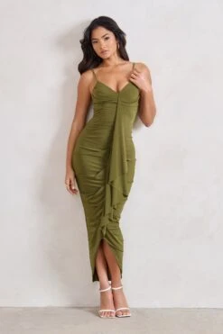 Dorothy | Olive Green Plunge V Neckline Ruffle Midi Dress -ENY Clothing Shop WB HR CL129312 00726