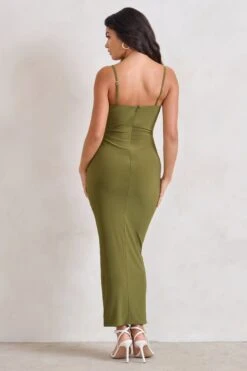 Dorothy | Olive Green Plunge V Neckline Ruffle Midi Dress -ENY Clothing Shop WB HR CL129312 00755