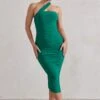 Connie | Green Ruched Asymmetric Neckline Midi Dress -ENY Clothing Shop WB HR CL129313 ConnieGreenRuchedAsymmetricNecklineMidiDress0