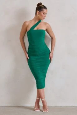 Connie | Green Ruched Asymmetric Neckline Midi Dress -ENY Clothing Shop WB HR CL129313 ConnieGreenRuchedAsymmetricNecklineMidiDress2