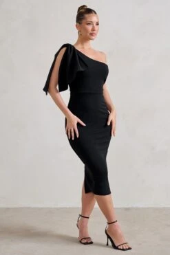 Samantha | Black One Shoulder Bow Detail Midi Dress -ENY Clothing Shop WB HR CL129316 SamanthaBlackOneShoulderBowDetailMidiDress4