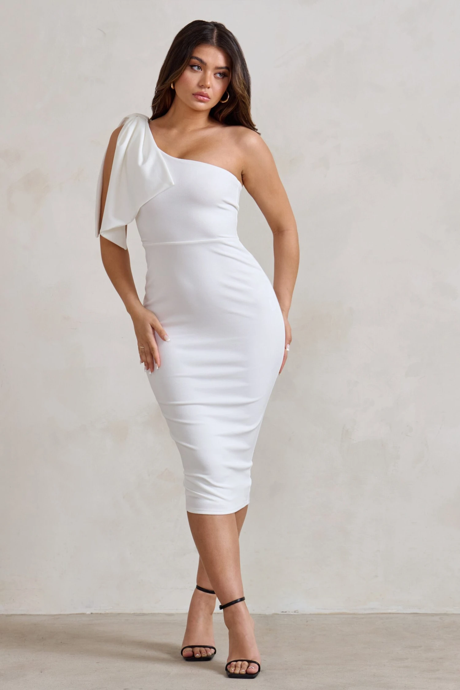 Samantha | White One Shoulder Bow Detail Midi Dress 6 Samantha | White One Shoulder Bow Detail Midi Dress - Image 4