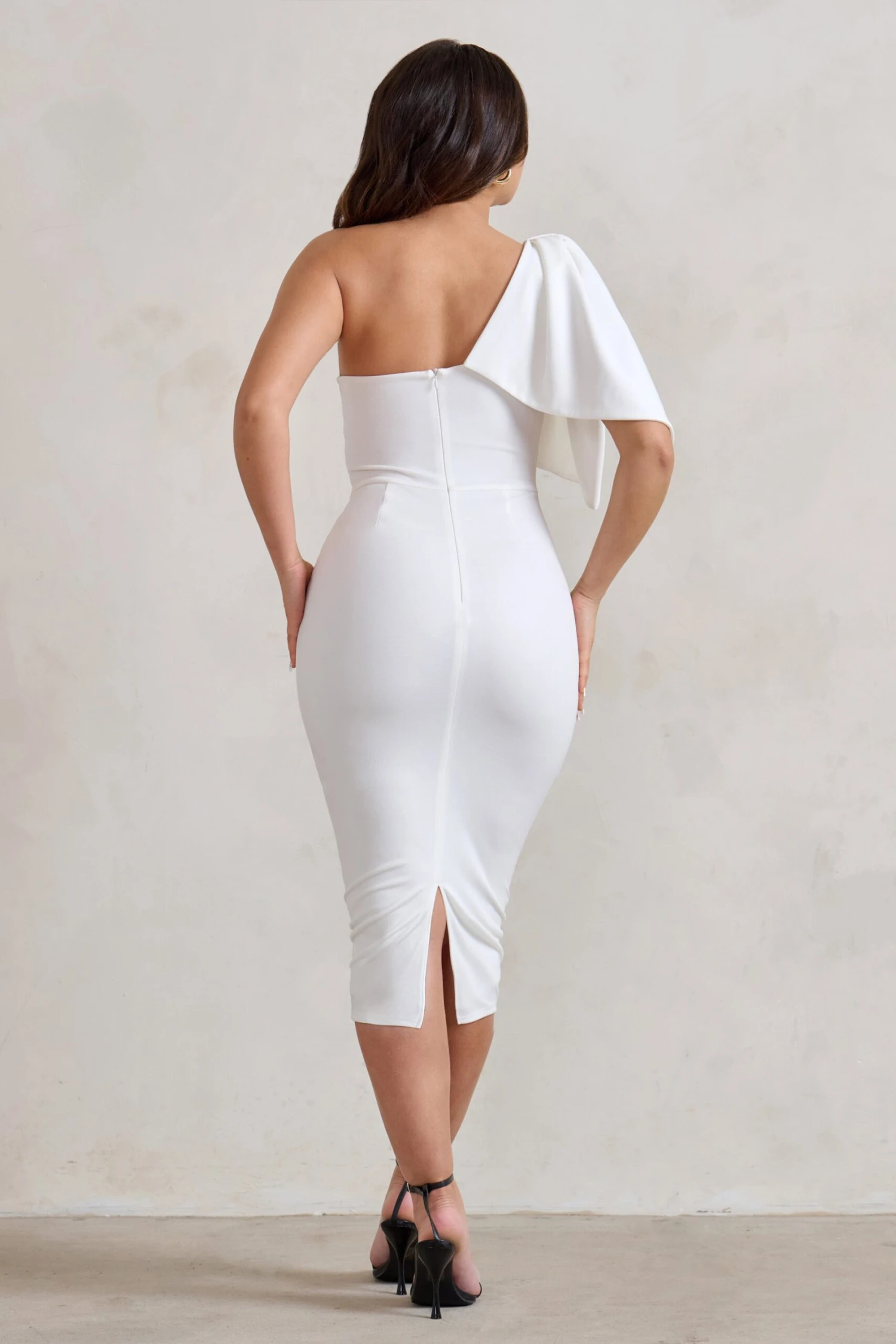 Samantha | White One Shoulder Bow Detail Midi Dress 4 Samantha | White One Shoulder Bow Detail Midi Dress - Image 2