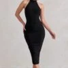 Chrissy | Black Halterneck Ruched Midi Dress