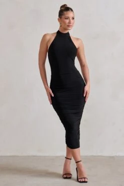 Chrissy | Black Halterneck Ruched Midi Dress 9 Chrissy | Black Halterneck Ruched Midi Dress -ENY Clothing Shop WB HR CL129317 ChrissyBlackHalterneckRuchedMidiDress3