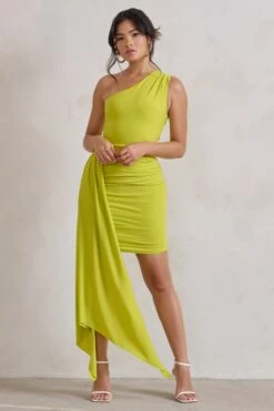 Charlie | Lime Green One Shoulder Ruched Mini Dress With Statement Drape -ENY Clothing Shop WB HR CL129320 CharlieLimeGreenOneShoulderRuchedMiniDressWithStatementDrape1