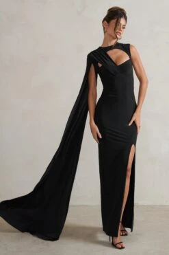 Emmey | Black Asymmetric Cut Out Maxi Dress With Statement Cape -ENY Clothing Shop WB HR CL129324 EmmeyBlackAsymmetricCutOutMaxiDressWithStatementCape2