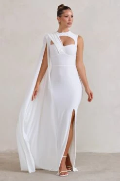 Emmey | White Asymmetric Cut Out Maxi Dress With Statement Cape -ENY Clothing Shop WB HR CL129324 EmmeyWhiteAsymmetricCutOutMaxiDressWithStatementCape0
