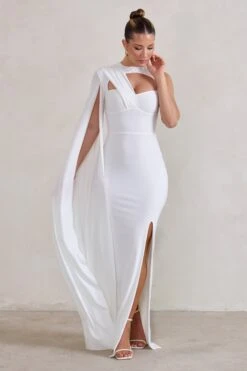 Emmey | White Asymmetric Cut Out Maxi Dress With Statement Cape