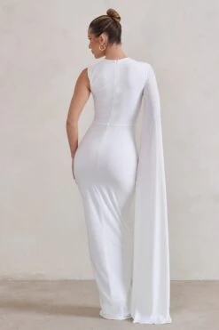 Emmey | White Asymmetric Cut Out Maxi Dress With Statement Cape -ENY Clothing Shop WB HR CL129324 EmmeyWhiteAsymmetricCutOutMaxiDressWithStatementCape6