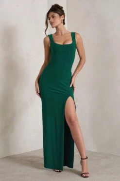 Madeline | Green Sleeveless Thigh Split Maxi Dress -ENY Clothing Shop WB HR CL129338 MadelineBottleGreenSleevelessThighSplitMaxiDress1