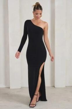 Melanie | Black One Shoulder Split Maxi Dress -ENY Clothing Shop WB HR CL129339 MelanieBlackOneShoulderSplitMaxiDress1