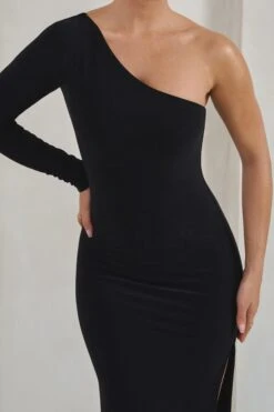 Melanie | Black One Shoulder Split Maxi Dress -ENY Clothing Shop WB HR CL129339 MelanieBlackOneShoulderSplitMaxiDress3