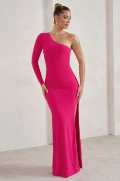 Melanie | Hot Pink One Shoulder Split Maxi Dress -ENY Clothing Shop WB HR CL129339 MelanieHotPinkOneShoulderSplitMaxiDress0