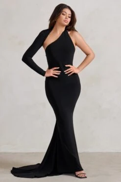 Katarina | Black One Shoulder Fishtail Maxi Dress -ENY Clothing Shop WB HR CL129340 KatarinaBlackOneShoulderFishtailMaxiDress2
