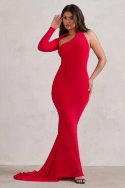 Katarina | Red One Shoulder Fishtail Maxi Dress -ENY Clothing Shop WB HR CL129340 KatarinaRedOneShoulderFishtailMaxiDress1