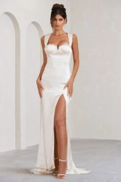 Showpiece | Cream Satin Corset Split Maxi Dress -ENY Clothing Shop WB HR CL129363028 ShowcaseCreamSatinCorsetSplitMaxiDress3