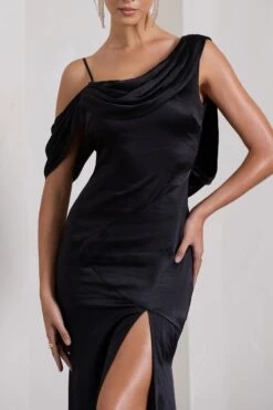 Jayne | Black Satin Asymmetric Draped Split Maxi Dress -ENY Clothing Shop WB HR CL129372002 JayneBlackSatinAsymmetricDrapedSplitMaxiDressBLACK5