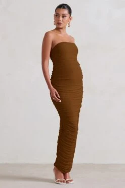 My Lady | Maternity Chocolate Brown Strapless Bodycon Ruched Mesh Maxi Dress -ENY Clothing Shop WB HR CL129396 MyLadyMaternityChocolateChocolateStraplessBodyconRuchedMeshMidiDress0