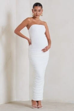 My Lady | Maternity White Strapless Bodycon Ruched Mesh Maxi Dress -ENY Clothing Shop WB HR CL129396 MyLadyMaternityWhiteStraplessBodyconRuchedMeshMidiDress0