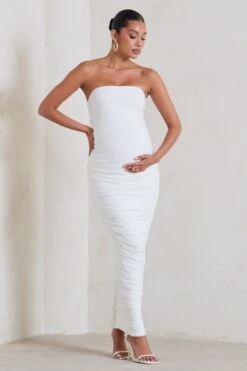 My Lady | Maternity White Strapless Bodycon Ruched Mesh Maxi Dress -ENY Clothing Shop WB HR CL129396 MyLadyMaternityWhiteStraplessBodyconRuchedMeshMidiDress2
