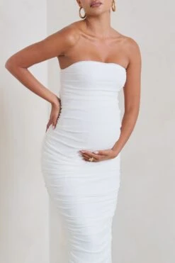 My Lady | Maternity White Strapless Bodycon Ruched Mesh Maxi Dress -ENY Clothing Shop WB HR CL129396 MyLadyMaternityWhiteStraplessBodyconRuchedMeshMidiDress3