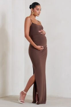 Aurelia | Brown Maternity Cami Maxi Dress With Split -ENY Clothing Shop WB HR CL129397 AureliaChocolateMaternityCamiMaxiDressWithSplit0