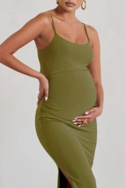 Aurelia | Olive Green Maternity Cami Maxi Dress With Split -ENY Clothing Shop WB HR CL129397 AureliaOliveGreenMaternityCamiMaxiDressWithSplit4 1