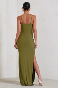 Aurelia | Olive Green Maternity Cami Maxi Dress With Split -ENY Clothing Shop WB HR CL129397 AureliaOliveGreenMaternityCamiMaxiDressWithSplit5 1