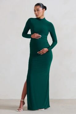 Alejandra | Green Maternity Long Sleeve High Neck Maxi Dress -ENY Clothing Shop WB HR CL129402 AlejandraBottleGreenMaternityLongSleeveHighNeckMaxiDress3