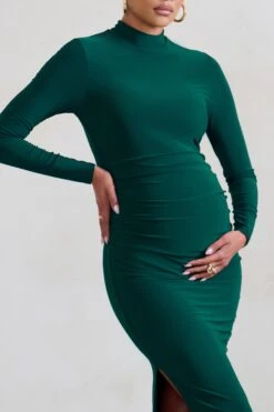Alejandra | Green Maternity Long Sleeve High Neck Maxi Dress -ENY Clothing Shop WB HR CL129402 AlejandraBottleGreenMaternityLongSleeveHighNeckMaxiDress4