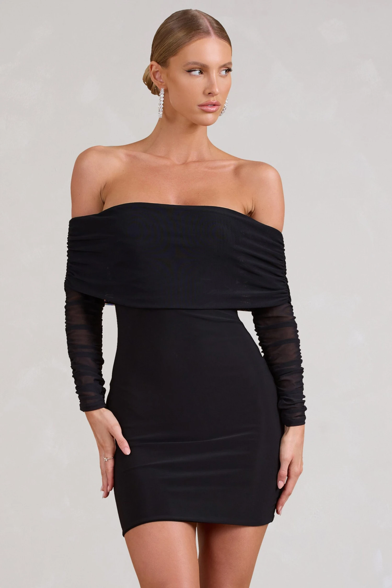 Minnie | Black Ruched Mesh Bardot Bodycon Mini Dress 6 Minnie | Black Ruched Mesh Bardot Bodycon Mini Dress - Image 4
