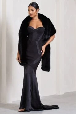 Custom | Black Satin Sweetheart Corset Fishtail Maxi Dress 18 Custom | Black Satin Sweetheart Corset Fishtail Maxi Dress -ENY Clothing Shop WB HR CL129540002 SoftlyBlackFauxFurPull ThroughStoleScarf1