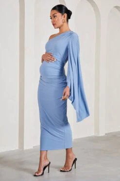 Adeline | Cornflower Blue Ruched Asymmetric Split Maternity Midi Dress With Cape Sleeve -ENY Clothing Shop WB HR CL129574115 AdelineCornflowerBlueRuchedAsymmetricSplitMaternityMidiDressWithCapeSleeve1