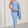 Adeline | Cornflower Blue Ruched Asymmetric Split Maternity Midi Dress With Cape Sleeve -ENY Clothing Shop WB HR CL129574115 AdelineCornflowerBlueRuchedAsymmetricSplitMaternityMidiDressWithCapeSleeve2