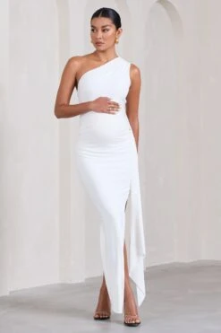 Dream Of You | White One-Shoulder Split Maternity Maxi Dress With Drape -ENY Clothing Shop WB HR CL129593005 DreamOfYouWhiteOne ShoulderSplitMaternityMaxiDressWithDrape3