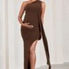Dream Of You | Chocolate One-Shoulder Split Maternity Maxi Dress With Drape -ENY Clothing Shop WB HR CL129593067 DreamOfYouChocolateOne ShoulderSplitMaternityMaxiDressWithDrape1