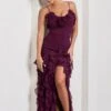 Walks Alone | Burgundy Ruched Strappy Split Maxi Dress With Ruffles -ENY Clothing Shop WB HR CL129665069 WalksAloneBurgundyRuchedStrappySplitMaxiDressWithRuffles3